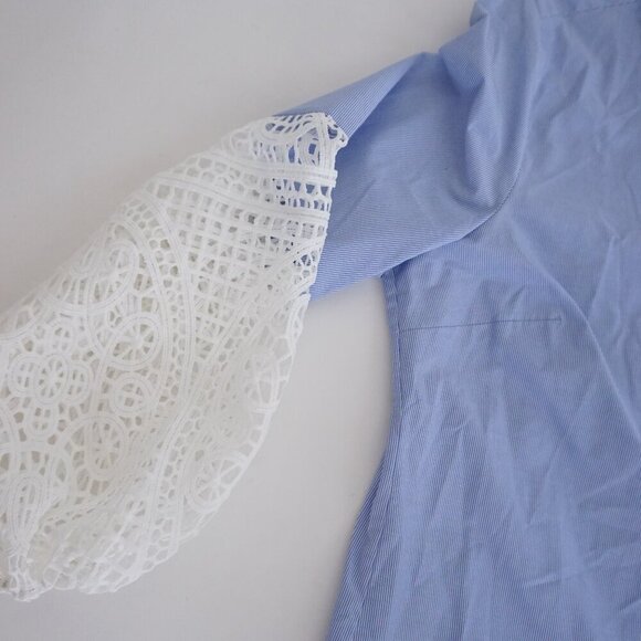 Chico's Blue White Stripe Lace Balloon Sleeve Button Up Cotton Blend Shirt 1P - Picture 7 of 12